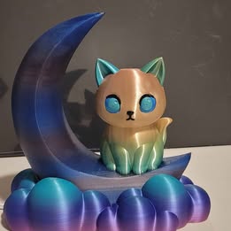 Animated cat on a crescent moon with a blue gradient background
