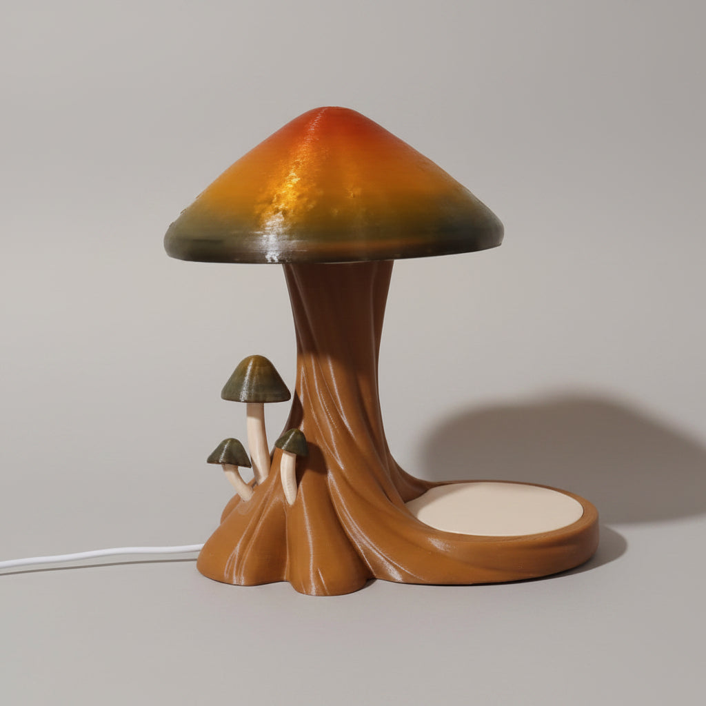  Mushroom-shaped lamp with a colorful shade on a blue surface